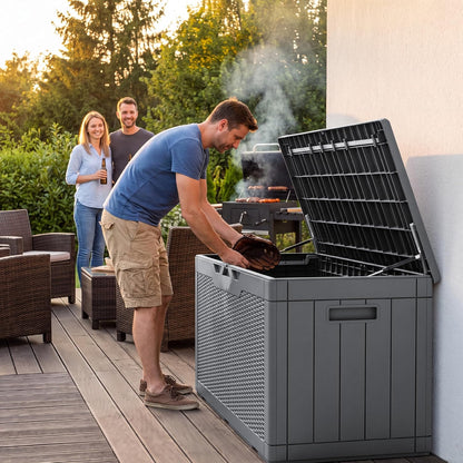 Flamaker Outdoor Storage Box 80 Gallon Resin Waterproof Deck Box Delivery Box with Wood Texture Large Storage Bin for Patio Cushions, (Grey)