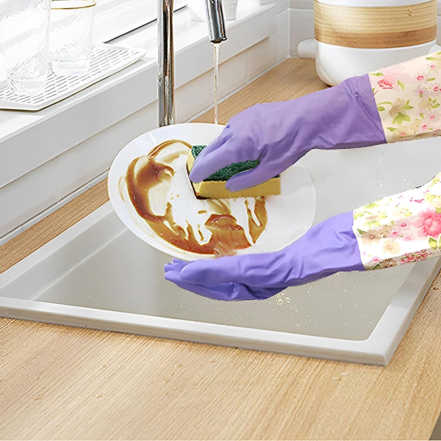 KINGFINGER 2 Pairs Latex-Free Reusable Dishwashing Gloves,PVC Waterproof Long Cuff and Flock Lining Household Cleaning Gloves,for Kitchen & Bathroom Cleaning, Large