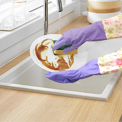KINGFINGER 2 Pairs Latex-Free Reusable Dishwashing Gloves,PVC Waterproof Long Cuff and Flock Lining Household Cleaning Gloves,for Kitchen & Bathroom Cleaning, Large