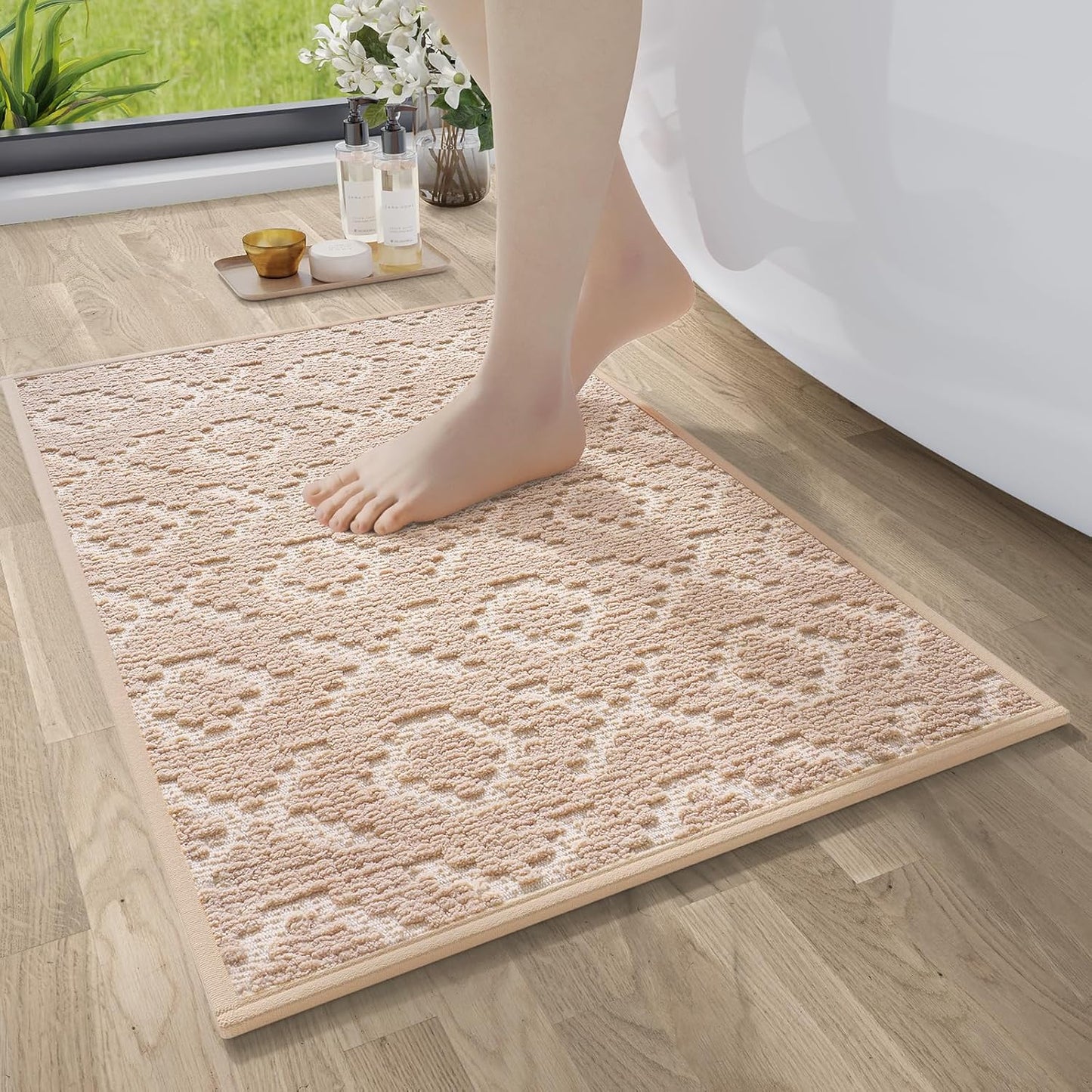 YDKGL Bathroom Rugs Non Slip, Super Absorbent Quick Dry Bath Mats for Bathroom, Foam Weave Texture Thin Bath Rugs Washable with Rubber Backing Fit Under Door Outside Shower,16" x 24“