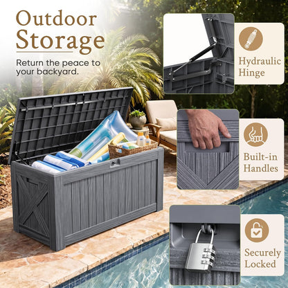 Devoko 120 Gallon Deck Box Resin Outdoor Storage Box Waterproof for Patio, Large Outdoor Storage Bench Lockable for Outside (Black)