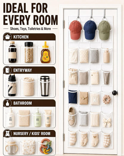 Over the Door Shoe Organizer with 24 Crystal Clear Pockets and Metal Hooks – Heavy Duty Hanging Shoe Storage Rack for Closet, Bathroom, Dorm – Space Saving for Shoes, Accessories, Toys (White)