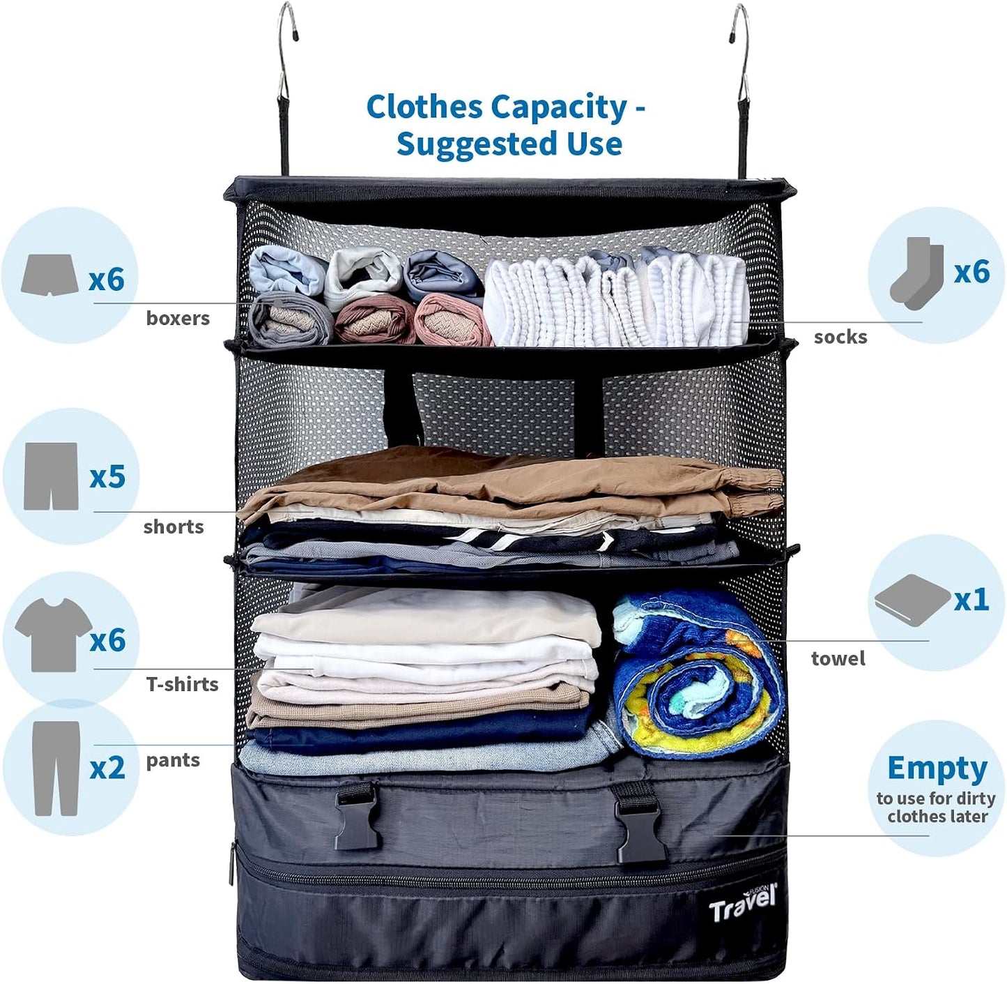 Grand Fusion Stow-N-Go Hanging Travel Shelves, Packing Organizer for Luggage. Carry on Closet for Suitcase. Expandable Packing Cube. Travel Essentials. (Black - L, L = (L) 11.8" x (W) 11.8")