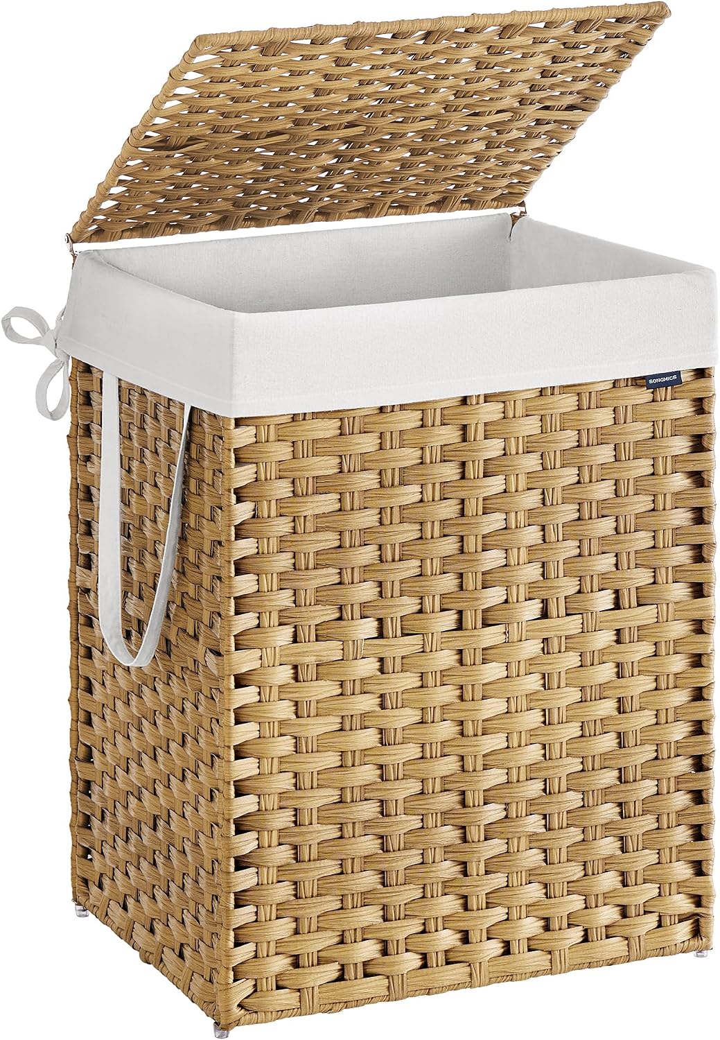 SONGMICS Laundry Hamper with Lid, 23.8 Gallon (90 L) Synthetic Rattan Clothes Laundry Basket with Lid and Handles, Foldable, Removable Liner, Chestnut Brown ULCB051K02
