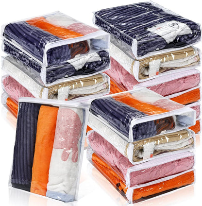 Kingdder 16 Pcs Clear Zippered Storage Bags Plastic Sweater Bags with Zipper 10 x 10 x 2.5 Inch Vinyl Sheet Organizer and Storage for Clothing Blankets Sheet Linen Bed Pillow Cube Organizer