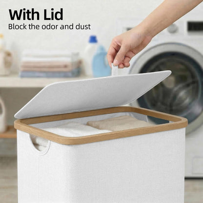 efluky Slim Laundry Basket with Lid, Narrow Laundry Hamper with Removable Bag, Skinny Dirty Clothes Basket with Bamboo Handles for Bathroom, Bedroom & Laundry Room, 75L Beige