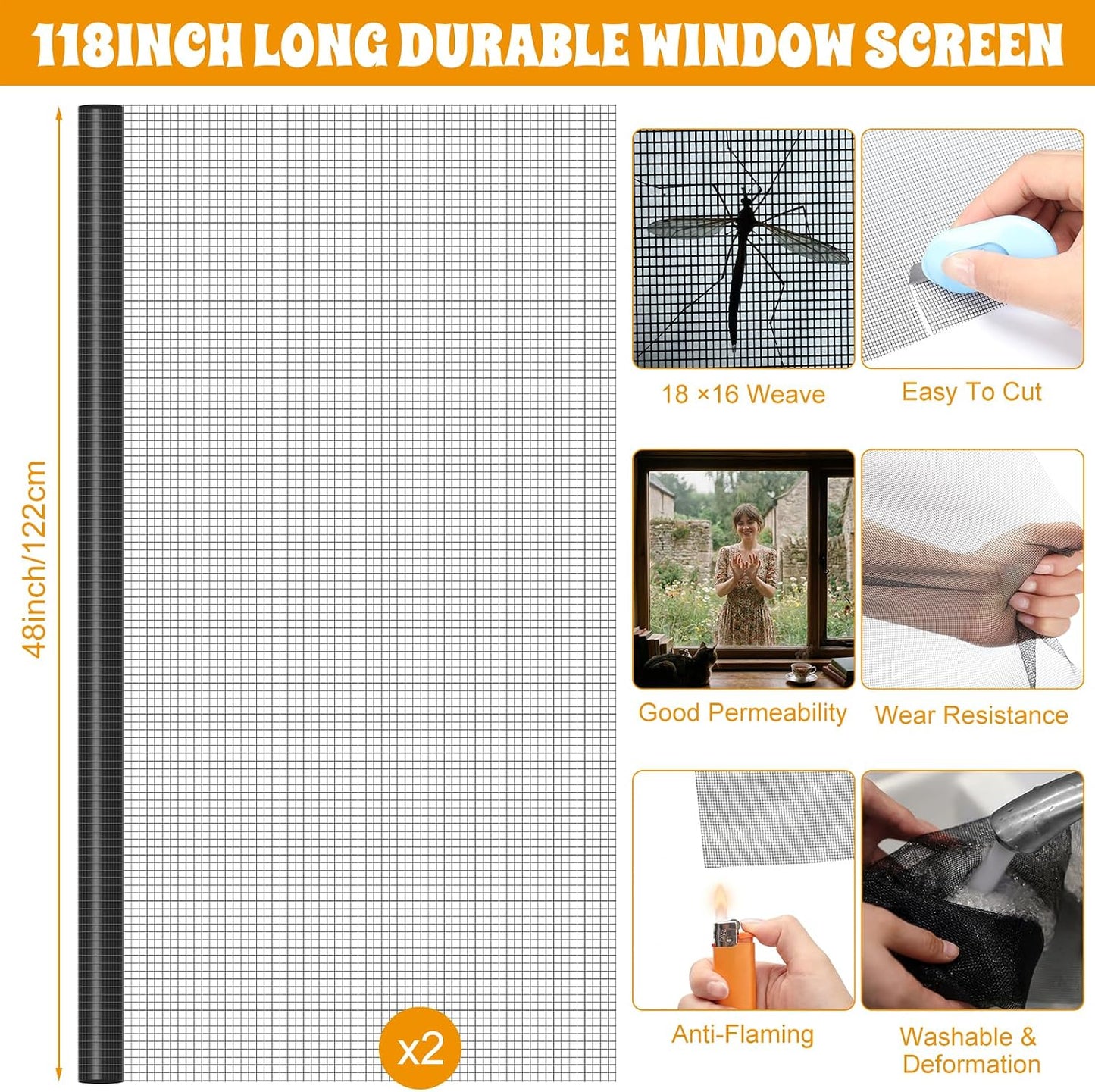 18 Pcs 48"x118" Window Screen Repair Kit Included 2 Rolls Fiberglass Mesh 4"x30ft Screen Repair Tape 8 Clips with Spline, Double Wheel Roller, Hook, Measuring Tape, and Cutter for Door Window