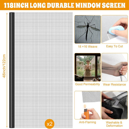 18 Pcs 48"x118" Window Screen Repair Kit Included 2 Rolls Fiberglass Mesh 4"x30ft Screen Repair Tape 8 Clips with Spline, Double Wheel Roller, Hook, Measuring Tape, and Cutter for Door Window