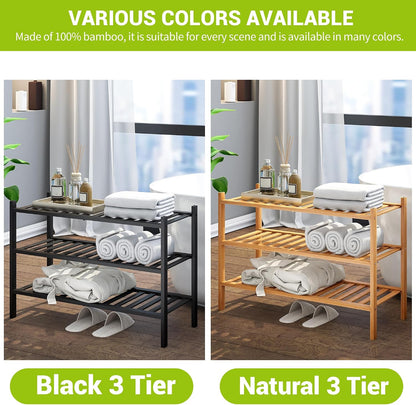 BMOSU 2-Tier Bamboo Small Shoe Rack Premium Stackable Shoe Shelf Storage Organizer for Hallway Closet Living Room Entryway Organizer (Black Bamboo)