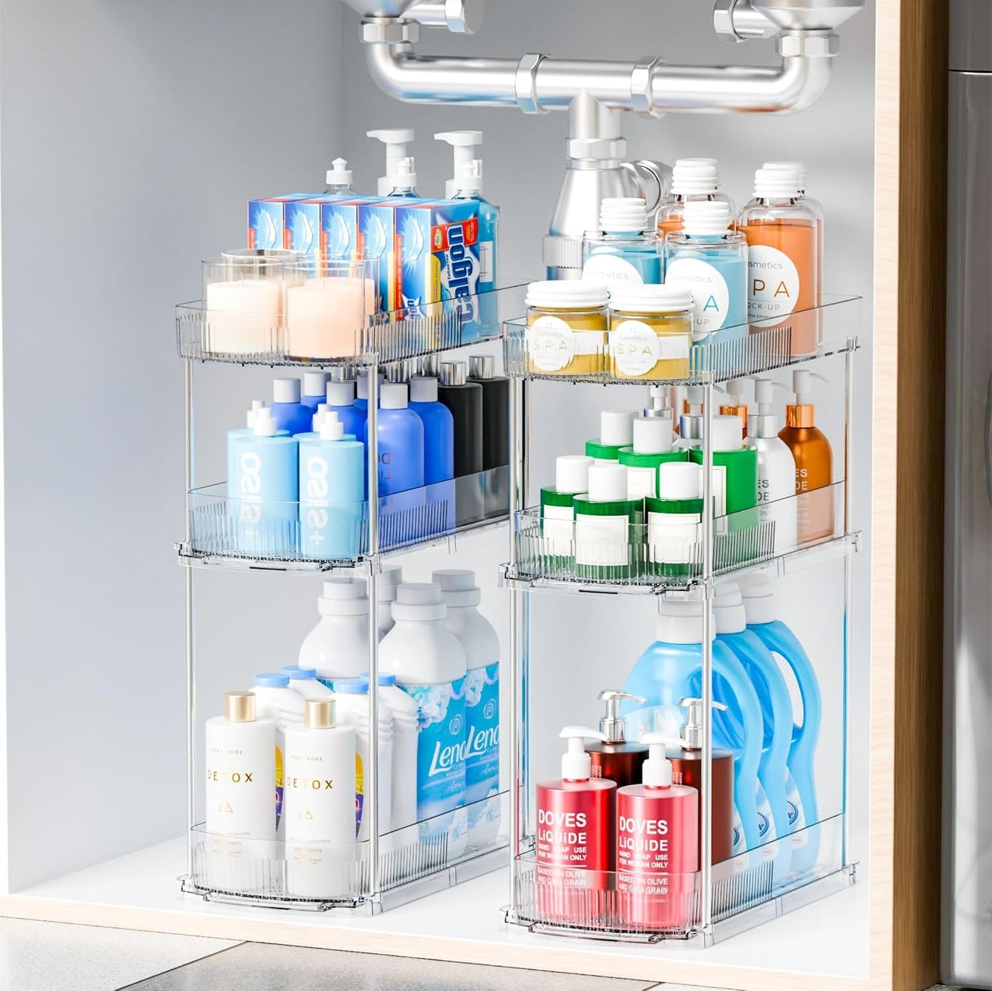 2 Pack 3 Tier Large Pull Out Bathroom Organizers and Storage,13.8″ Deep Sliding Kitchen Under Sink Organizer for Cleaning Products Storage,Acrylic Clear Bathroom inder Sink Organizer,Undersink Storage