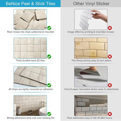 BeNice Kitchen Peel and Stick Tile Backsplash Bathroom Self Adhesive Stone Mosaic Thick Wall Stickers 12"x12"(Blue Rustic,10 Sheets)