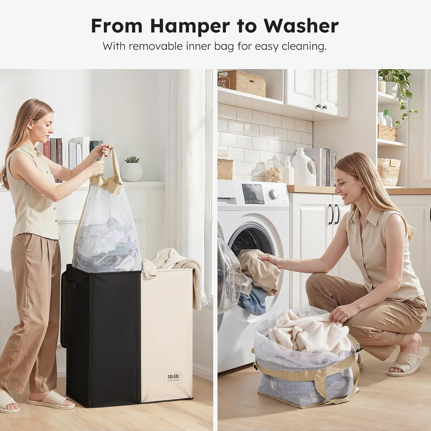 SOLEDI Luxury Double Laundry Hamper with Lid and Removable Bags, 38.3 Gal Large Laundry Bin, Laundry Basket 2 Sections, Collapsible Clothes Hamper for Bedroom, Laundry Room, Bathroom, Off-white