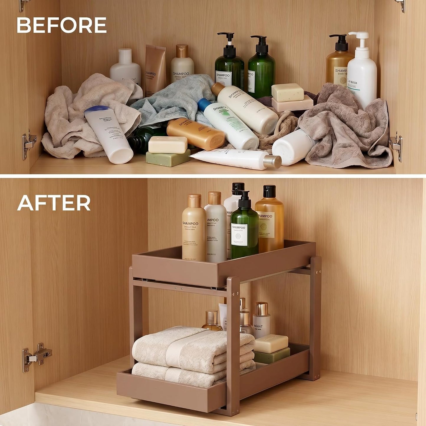 Bamboo Under Sink Organizer Adjustable Height 2 Tier Bathroom Organizer Pull Out Cabinet Storage Kitchen Heave Duty Wood Slide Ou Shelf for Kitchen Bathroom (Black, 2 Packs) (Black, 2 Pack)