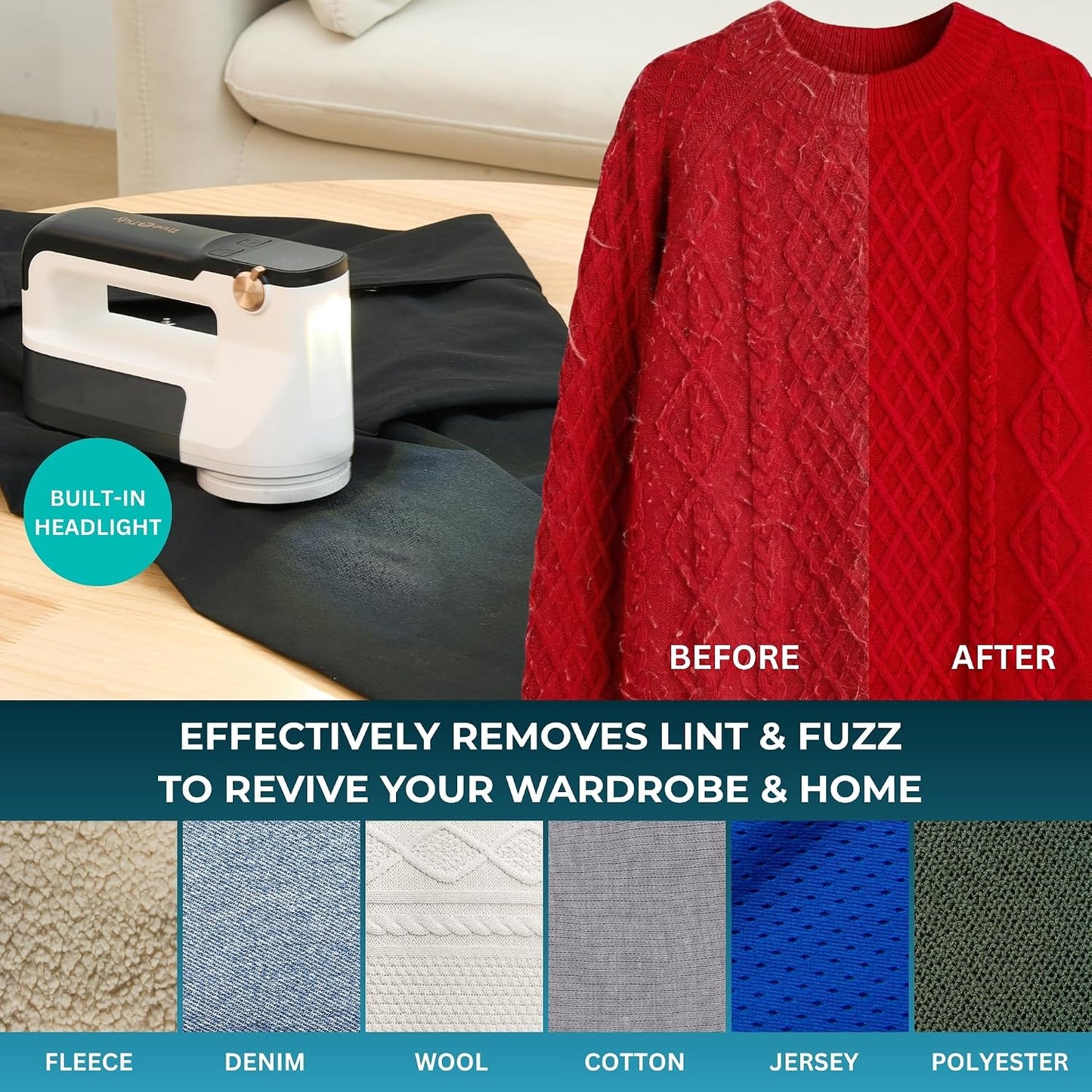 True & Tidy XL Fabric Shaver & Lint Remover Rechargeable Electric Sweater Defuzzer w/ 6-Blade Stainless Steel, 3 Speeds, LED Display, 1 Extra Blade, 3.5 Hrs Runtime for Clothes, Couch, Upholstery