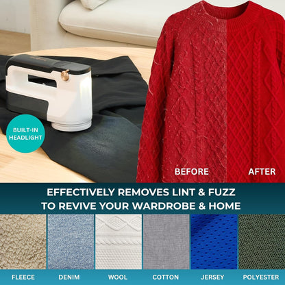 True & Tidy XL Fabric Shaver & Lint Remover Rechargeable Electric Sweater Defuzzer w/ 6-Blade Stainless Steel, 3 Speeds, LED Display, 1 Extra Blade, 3.5 Hrs Runtime for Clothes, Couch, Upholstery