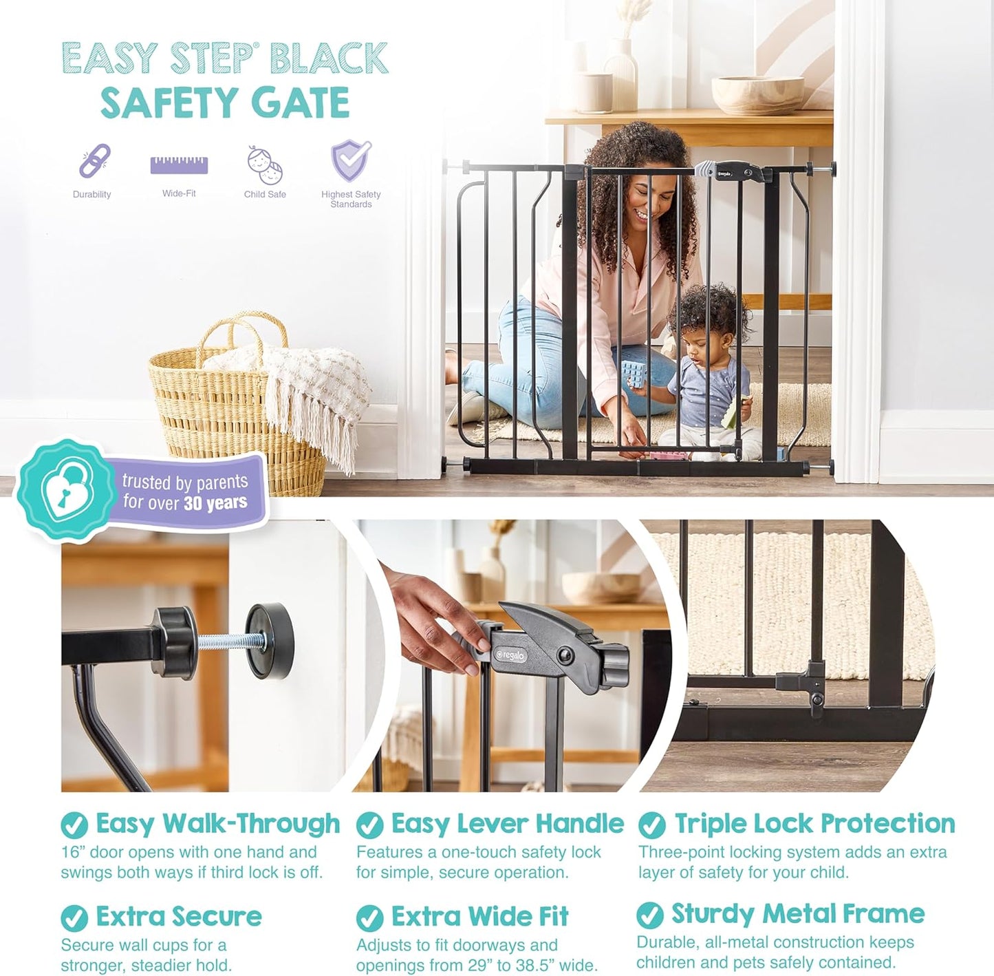 Regalo Safety 29-38.5" Baby Gate for Doorways & Bottom of Stairs, Pressure Mounted Baby Gate with Door for Babies, Toddlers & Pets, Tested & Safe for 30 Years, American Designed, American Owned, White