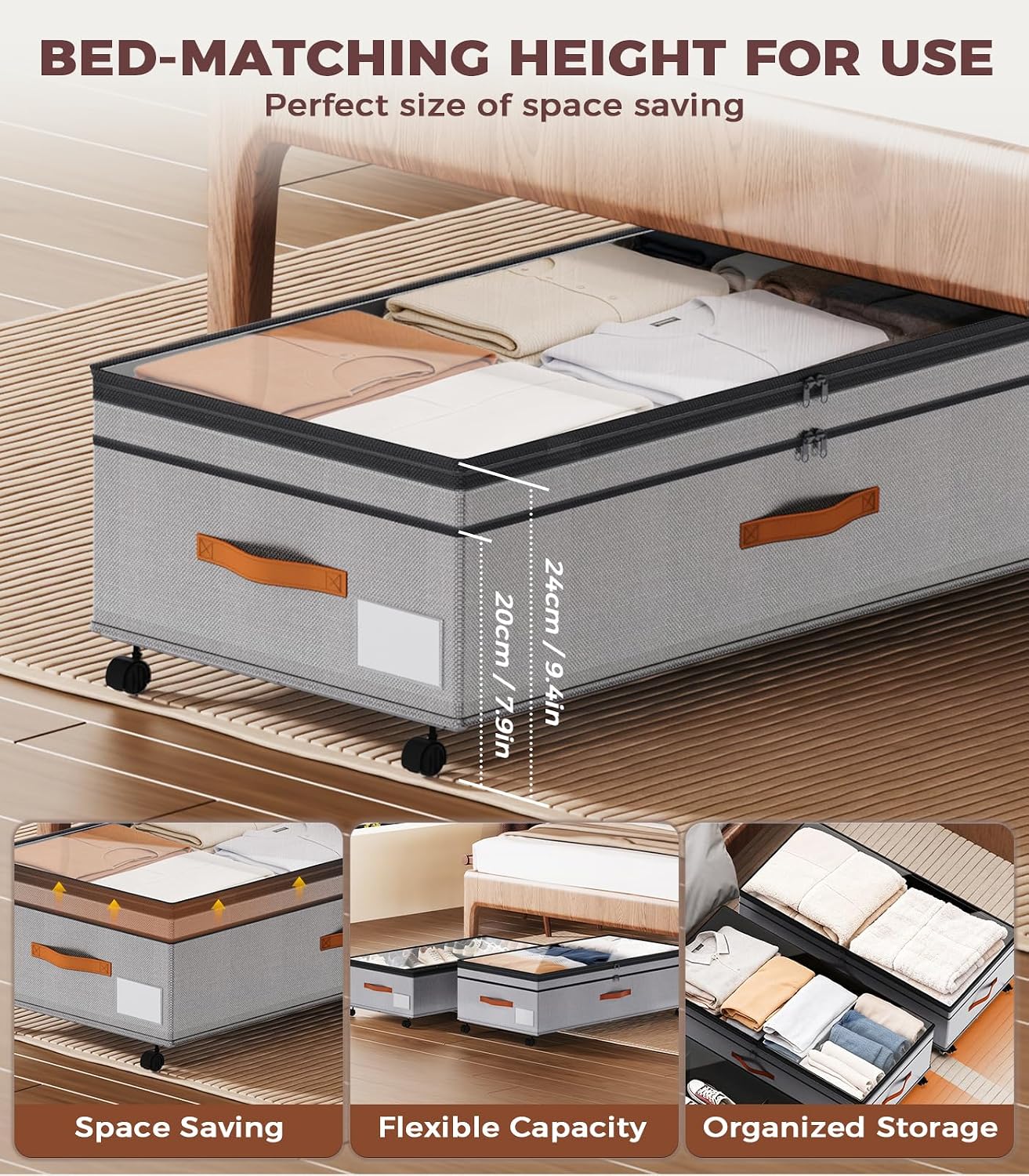 Under Bed Storage with Wheels, 35.5 inches Underbed Storage Large Capacity Under Bed Rolling Containers, 2 Pack Under the Bed Storage for Clothes, Shoes, Blankets (Deep Black)