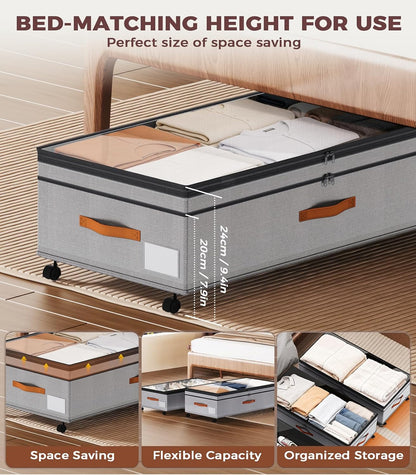 Under Bed Storage with Wheels, 35.5 inches Underbed Storage Large Capacity Under Bed Rolling Containers, 2 Pack Under the Bed Storage for Clothes, Shoes, Blankets (Deep Black)