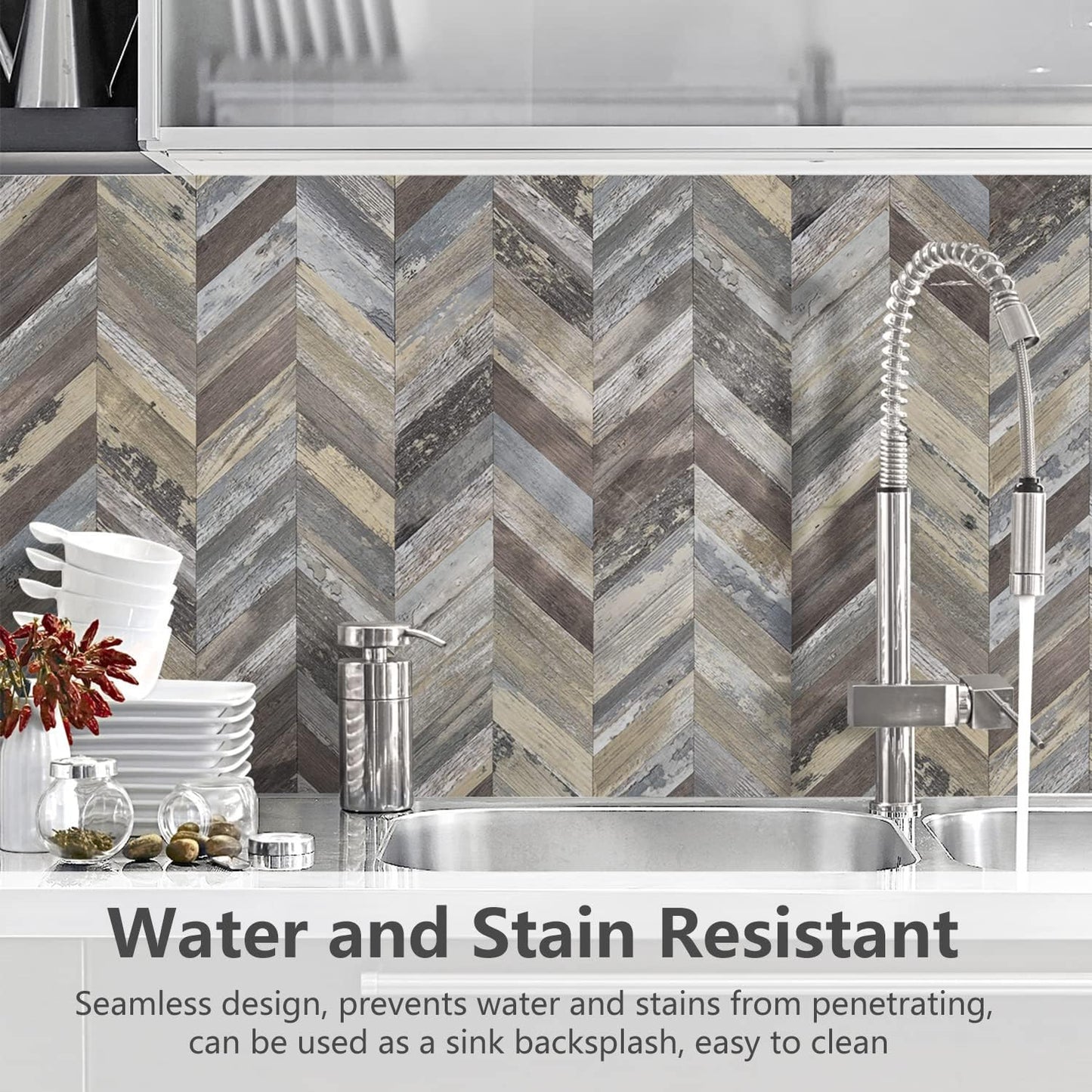 STICKGOO 10-Sheet Herringbone Tile Peel and Stick Backsplash, Beige Mixed Metal Gold PVC Stick on Backsplash, Self Adhesive Wall Tile for Kitchen and Bathroom