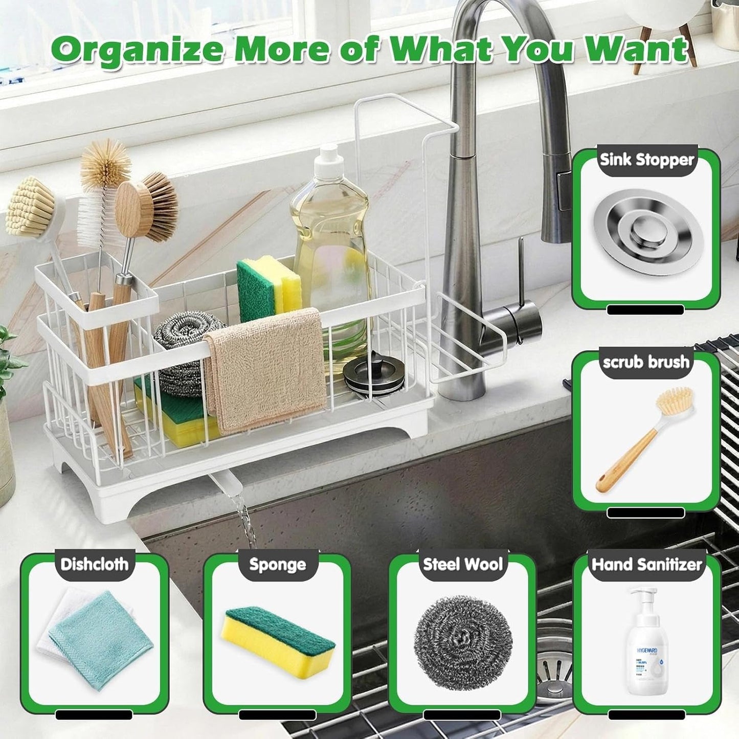 Sponge Holder for Kitchen Sink, Sink Caddy Organizer with Detachable Cloth & Brush Holder, Self-Draining Sponge Caddy Organizer with 360° Rotatable Spout, Kitchen Countertop Storage Accessories(Black)