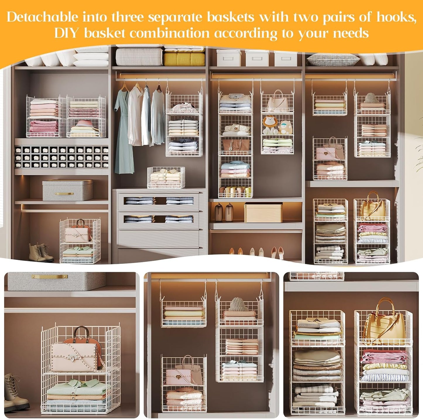 Yuyetuyo 5 Tier Closet Hanging Organizer and Storage Separable Hanging Closet Shelves with 4 Hooks 2 Adjustable Dividers, Wire Storage Basket Bins for Clothing Sweaters Socks Dolls Handbags, Foldable