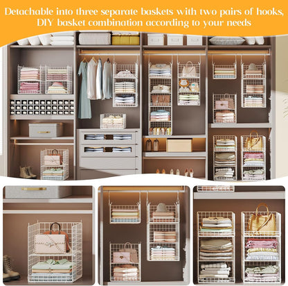 Yuyetuyo 5 Tier Closet Hanging Organizer and Storage Separable Hanging Closet Shelves with 4 Hooks 2 Adjustable Dividers, Wire Storage Basket Bins for Clothing Sweaters Socks Dolls Handbags, Foldable