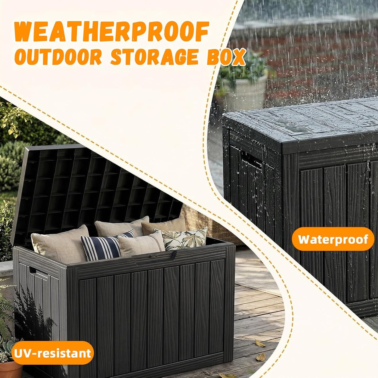 ROJIK 55Gal Outdoor Storage Box Waterproof Deck Box | Heavy-duty UV-resistant resin, space-saving for balcony/patio, stores cushions/tools/pool gear, lockable lid as table/bench