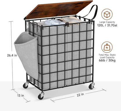 Laundry Basket with Wheels, Heavy Duty Laundry Sorter 2 Sections, 120L (32Gal.) Large Capacity Laundry Hamper with Wood Lid, 360 Rolling Wheels, Extra Side Pocket, Leather Pull Handle, Beige