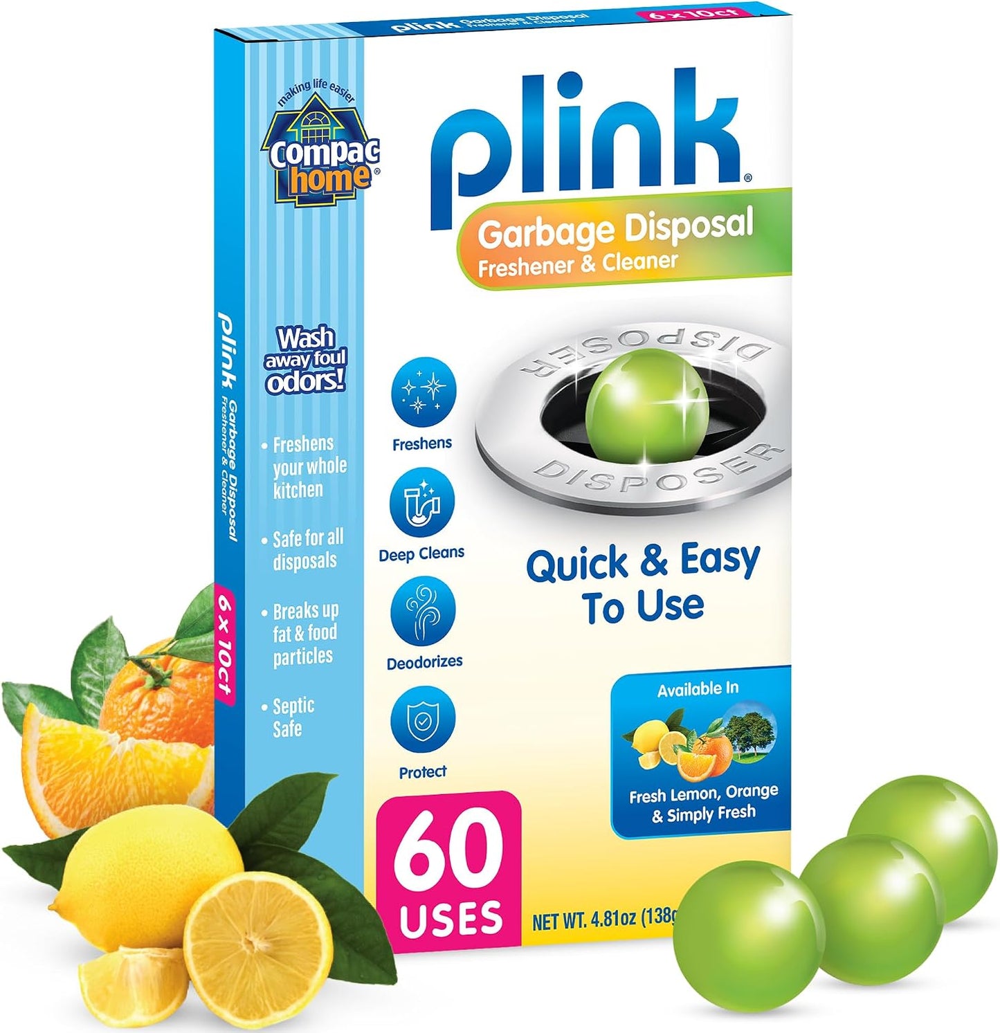 COMPAC HOME Plink Garbage Disposal Cleaner and Deodorizer, Air Fresheners for Garbage Disposal, Lemon Scent, Home Cleaning Products for Kitchen Sink and Clogged Drains, 20 Count (Pack of 1)