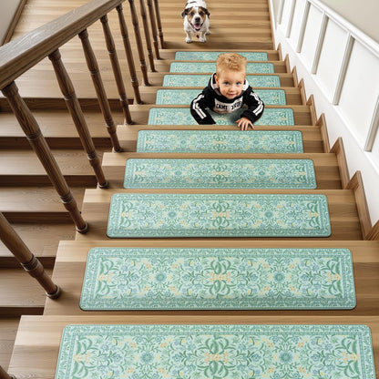 OJIA Floral Stair Treads Non-Slip Stair Runner for Wooden Steps Indoor 15PCS 30"x8" Carpet Stair Treads Stair Mats Staircase Step Treads for Kids, Elders and Dogs, Stair Covers, Black