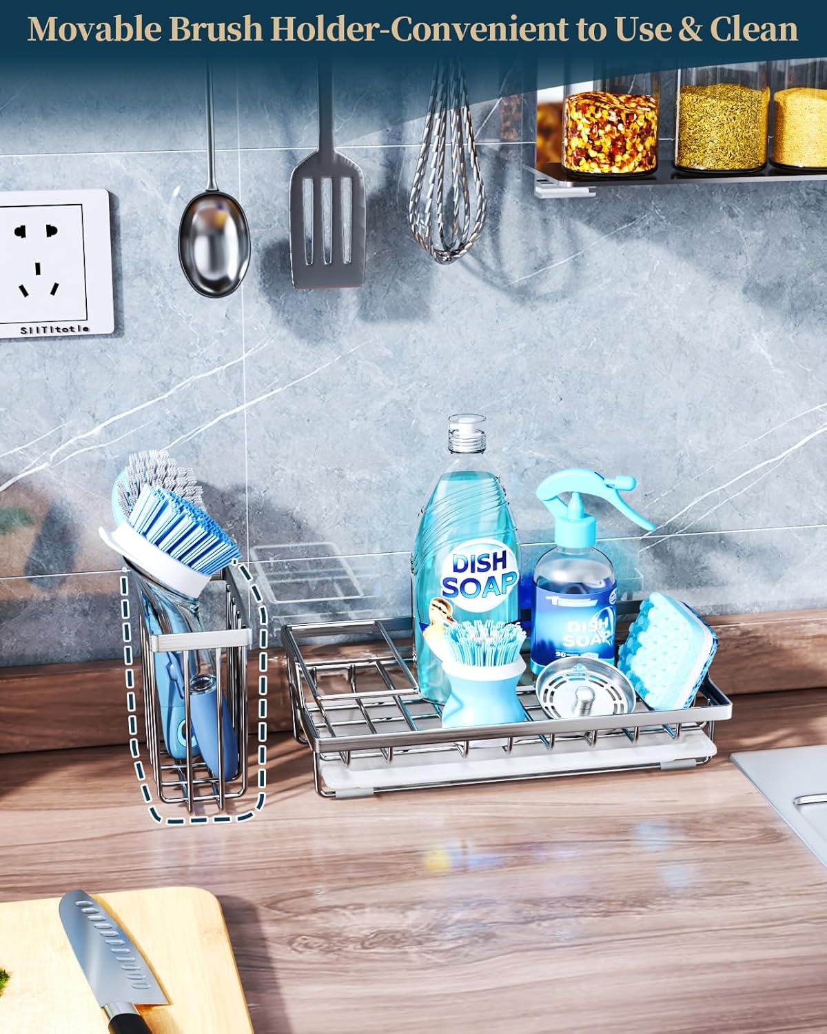Consumest Sponge Holder for Kitchen Sink - Kitchen Sink Caddy Organizer with Removable Drip Tray for Countertop Dish Soap Dispenser Brush Storage Accessories 304 Stainless Steel - Black