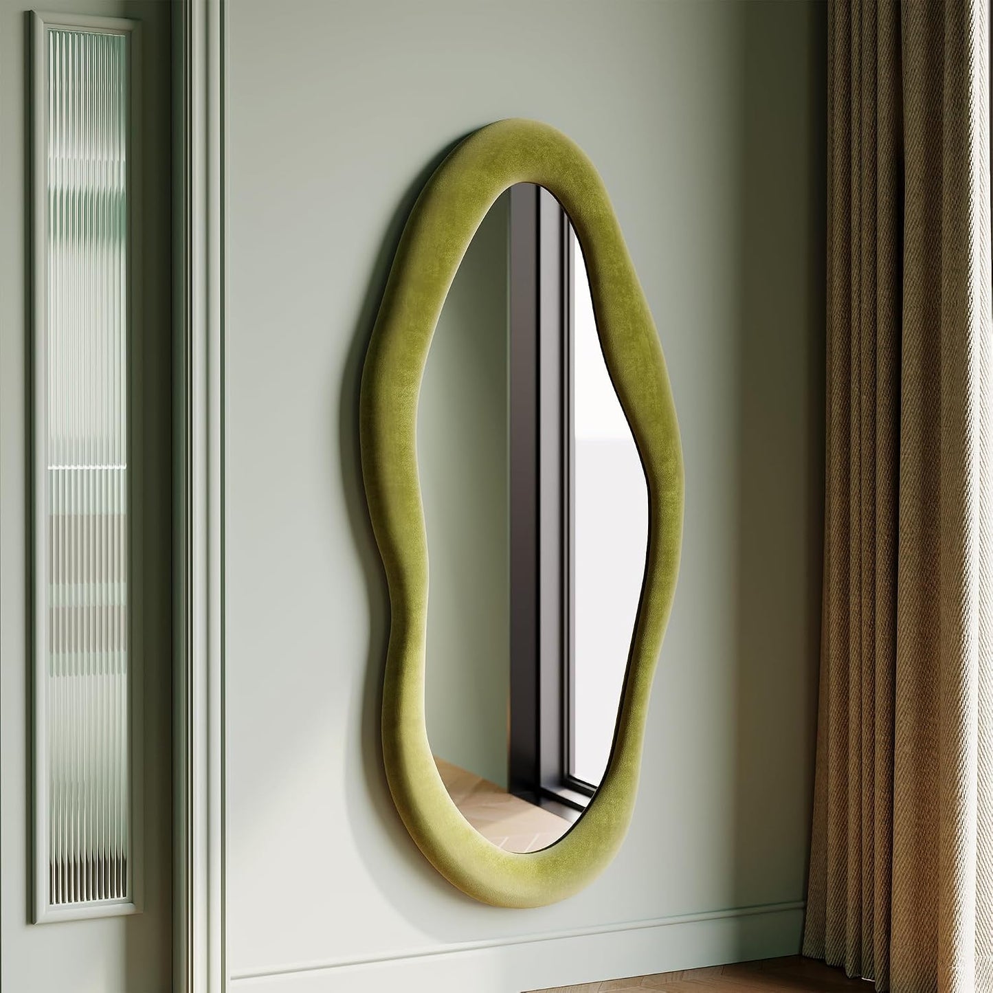 Honyee Full Length Mirror, 63" x 24" Wall Mirror, Flannel Wrapped Wooden Frame Floor Mirror, Irregular Wavy Mirror Hanging or Leaning Against Wall for Cloakroom/Bedroom/Living Room, Milk Tea