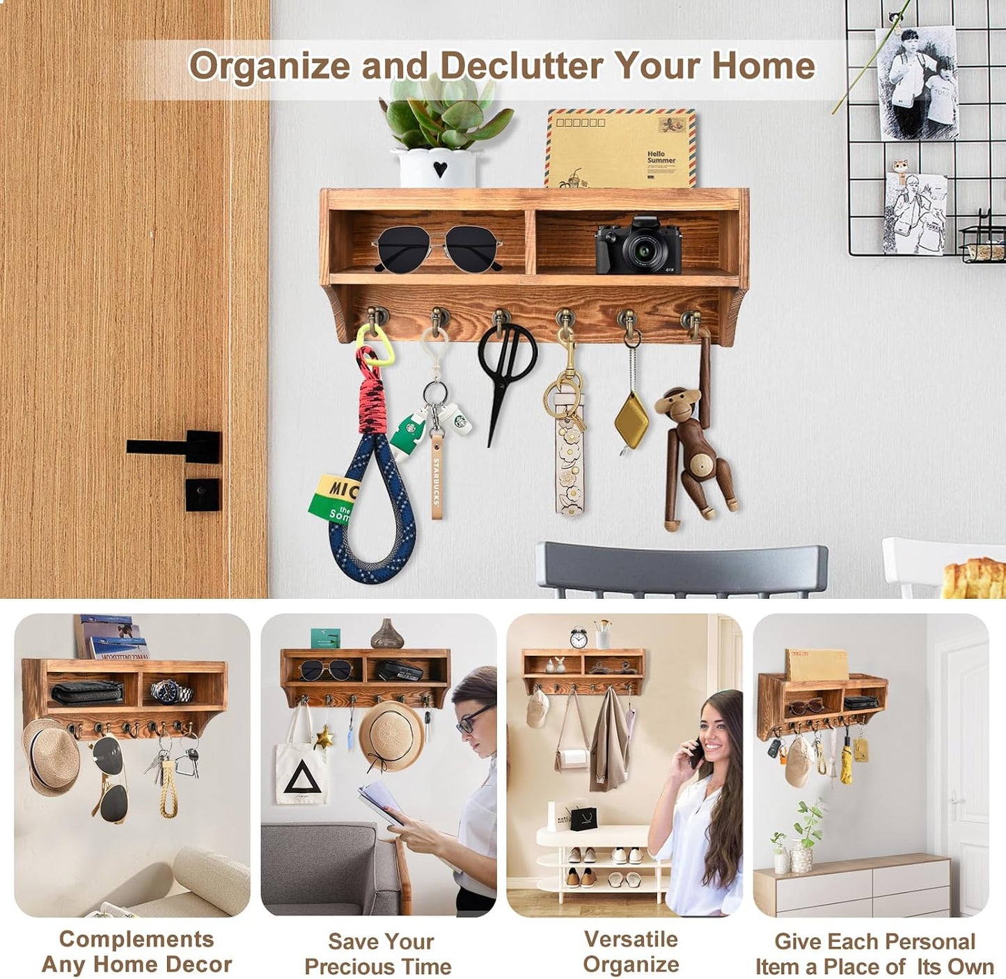 Key Holder Wall Mount - Mail Organizer Wall Mount with 6 Key Hooks and Storage Box for Sunglasses Storage and Dog Leash Holder Home Decor Rack Apartment Farmhouse Shelf Entryway Organizer (Black)