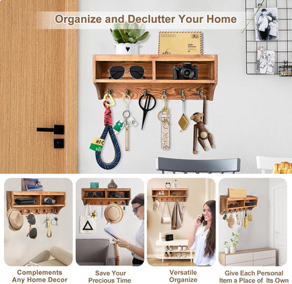 Key Holder Wall Mount - Mail Organizer Wall Mount with 6 Key Hooks and Storage Box for Sunglasses Storage and Dog Leash Holder Home Decor Rack Apartment Farmhouse Shelf Entryway Organizer (Black)