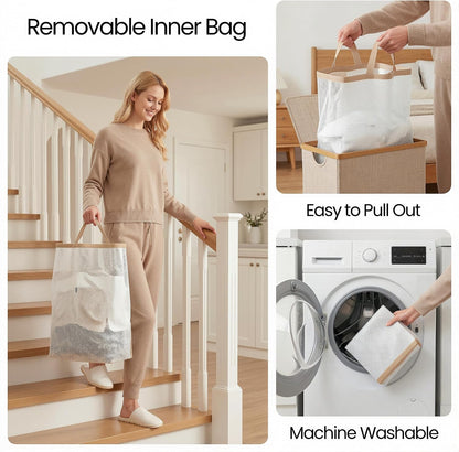 efluky Slim Laundry Basket with Lid, Narrow Laundry Hamper with Removable Bag, Skinny Dirty Clothes Basket with Bamboo Handles for Bathroom, Bedroom & Laundry Room, 75L Beige