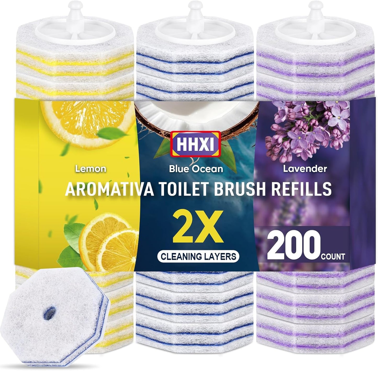 15Ct Aromative Toilet Brush Refills, Toilet Bowl Cleaner Refills, Double-Layer Cleaning Pads Added, Disposable Refill Heads for Toilet Bowl Cleaner Wands，Lemon, Blue Ocean, Lavender （Patented）