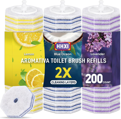 15Ct Aromative Toilet Brush Refills, Toilet Bowl Cleaner Refills, Double-Layer Cleaning Pads Added, Disposable Refill Heads for Toilet Bowl Cleaner Wands，Lemon, Blue Ocean, Lavender （Patented）