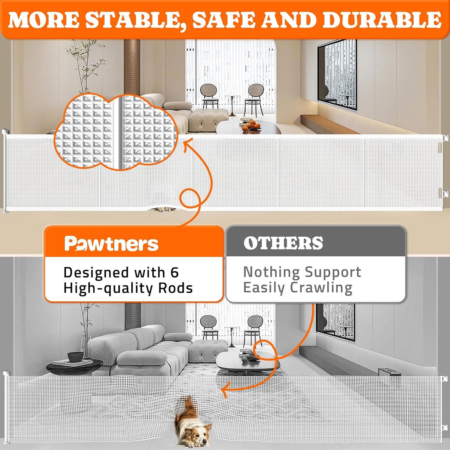 Pawtners Retractable Baby Gates Extra Wide, 41" Tall Extends up to 71" Wide, Dog Gate Indoor for Stairs, Pet Gate with Support Rods for Doorways Hallways Indoor & Outdoor-Black