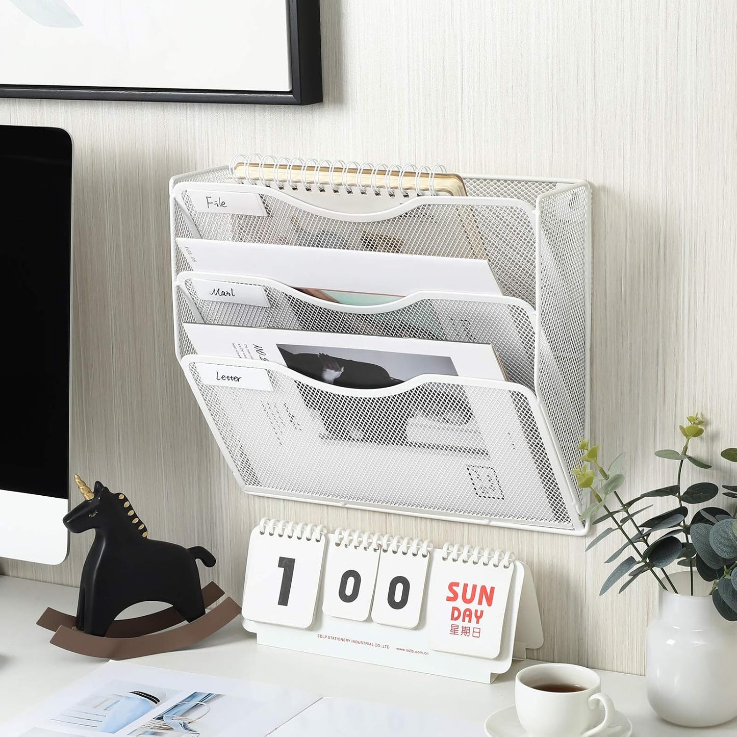 EasyPAG 5 Pocket Mesh Wall File Organizer with Key Hooks, Hanging Paper Folder Holder with Classify Label, Vertical Wall Mount Mail Organizer for Office Home Classroom, Black