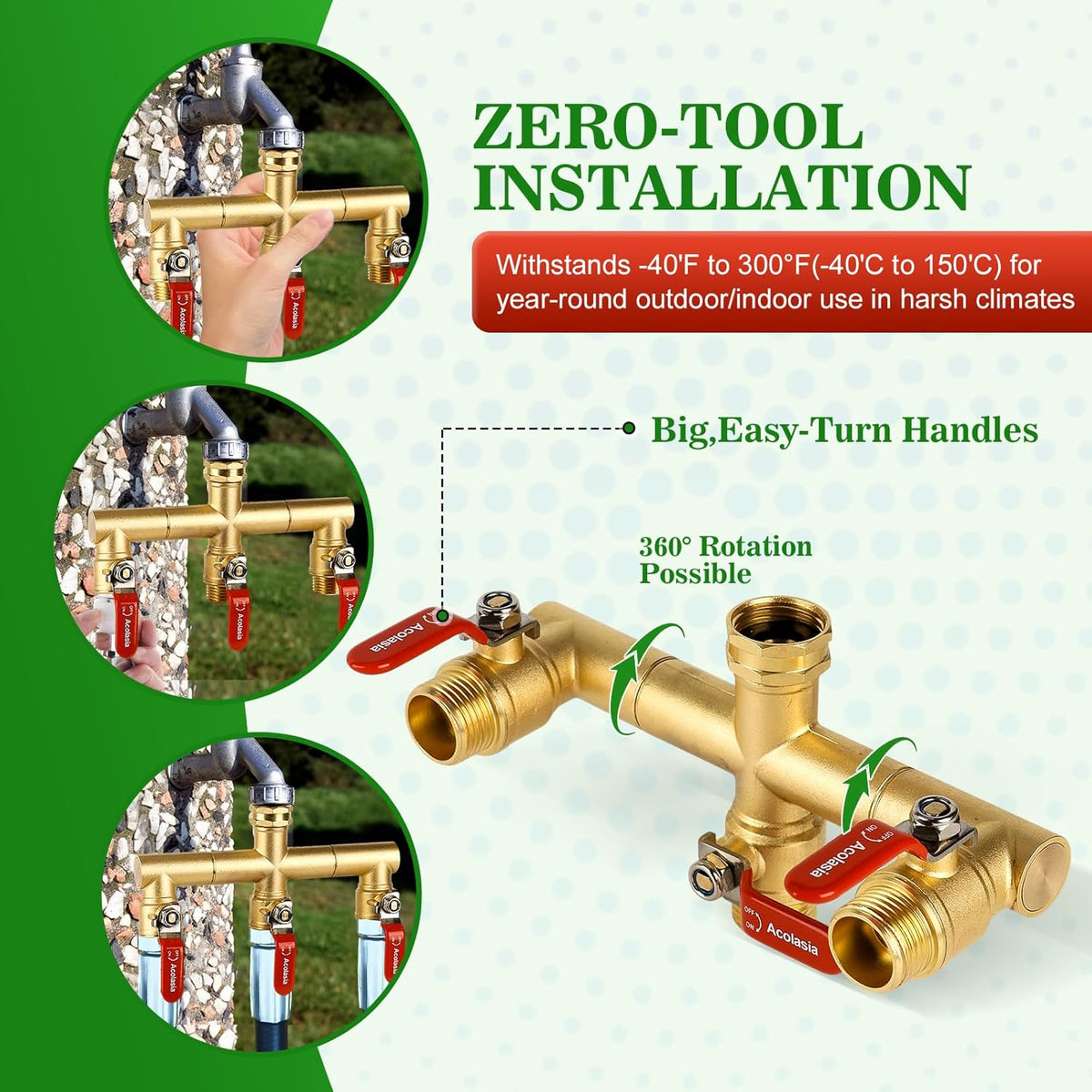 Hose Splitter 2 Way Heavy Duty Brass Garden Hose Splitter with 360° Rotatable, 304 Stainless Steel Long Handle Outdoor Full Flow Hose Splitter Connector, 3/4" GHT Thread