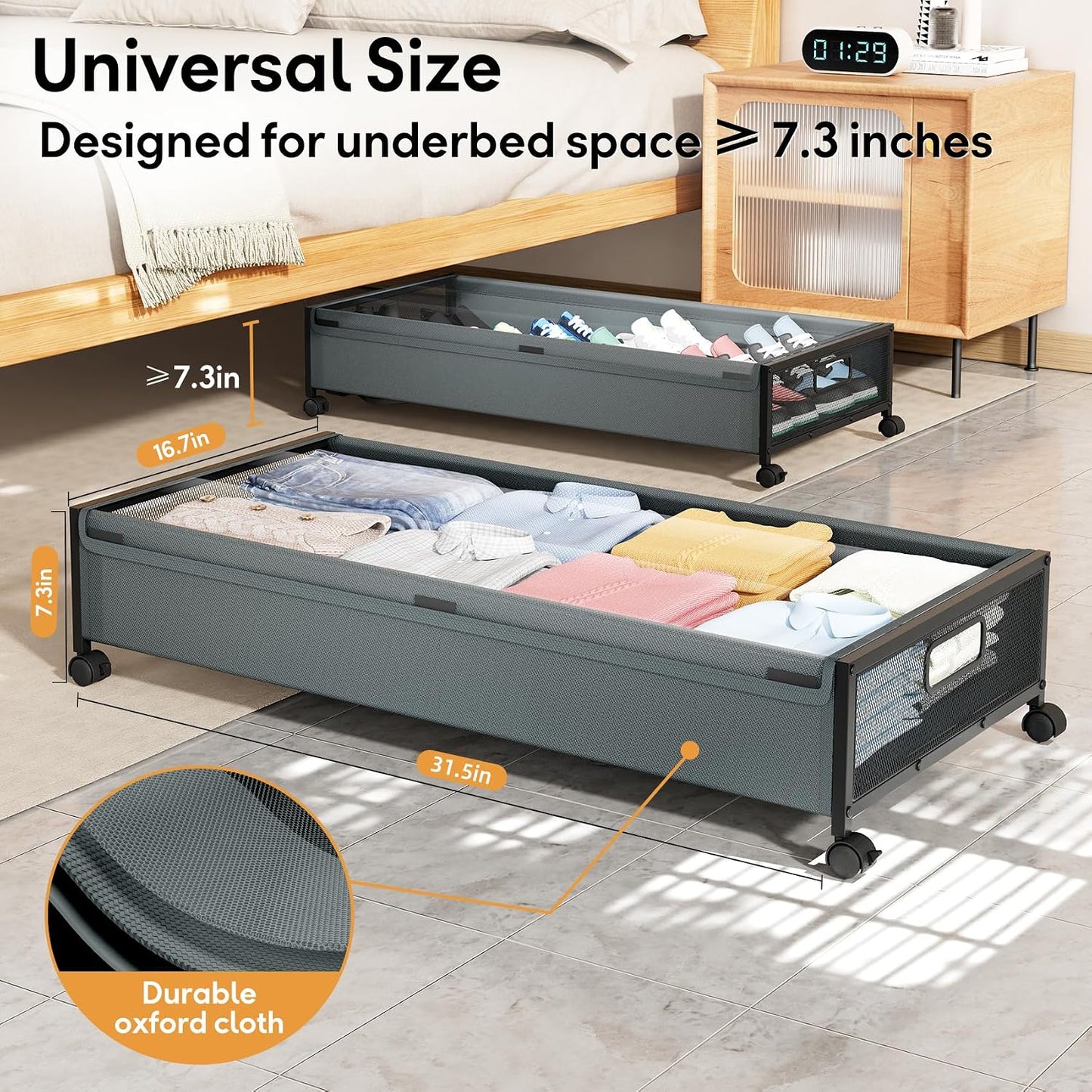 Under Bed Storage Containers with Wheels 2 Pack Underbed Shoe Storage Bedroom Storage Bins Organizer Large Capacity Under Bed Storage with Lid for Clothes Shoes Toys Blankets (Black)