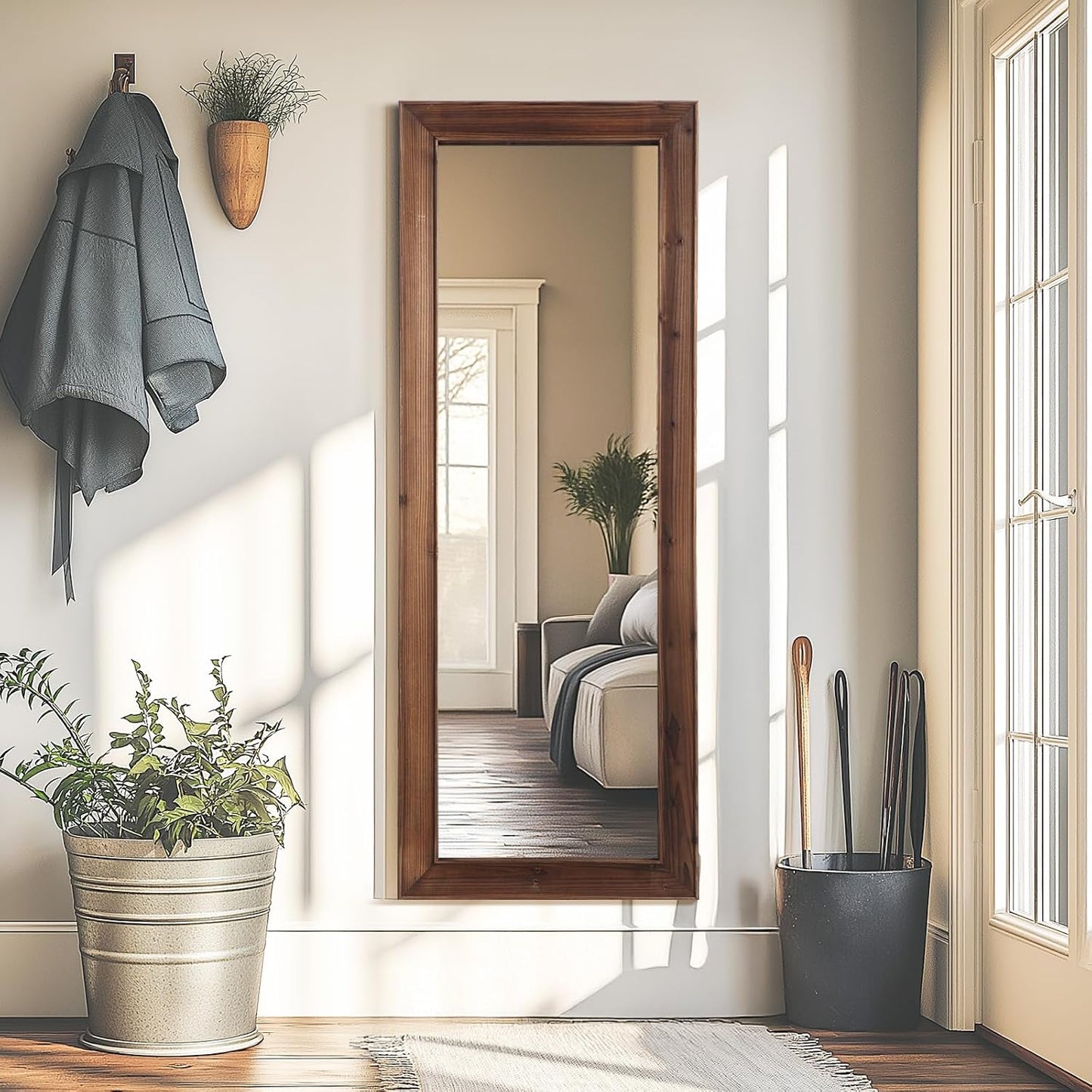 Rustic Standing Full Length Mirror Wood Frame, 56"X21" Farmhouse Floor Mirror for Bedroom Living Room Entryway, Hanging or Leaning Wall-Mounted Full Body Mirror, Tempered Glass, White
