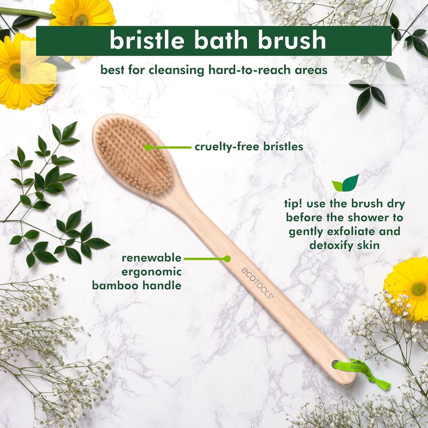EcoTools Bath Bristle Brush, Bath Brush with Long Handle, Cleanse Back & Hard-to-Reach Areas, Eco Friendly Shower Brush for Exfoliating, Cruelty Free Nylon Bristles, Vegan, 1 Count