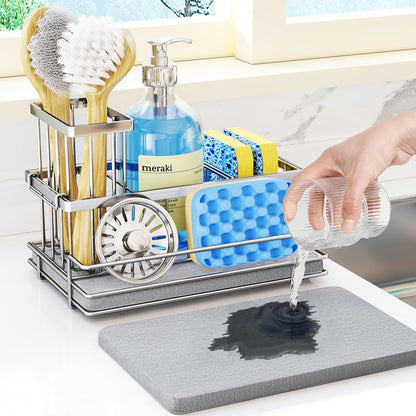 HapiRm Sink Caddy Sponge Holder - Kitchen Sink Organizer with Instant Drying Stone and Brush Holder, Stainless Steel Sponge Caddy for Kitchen Countertop - Black