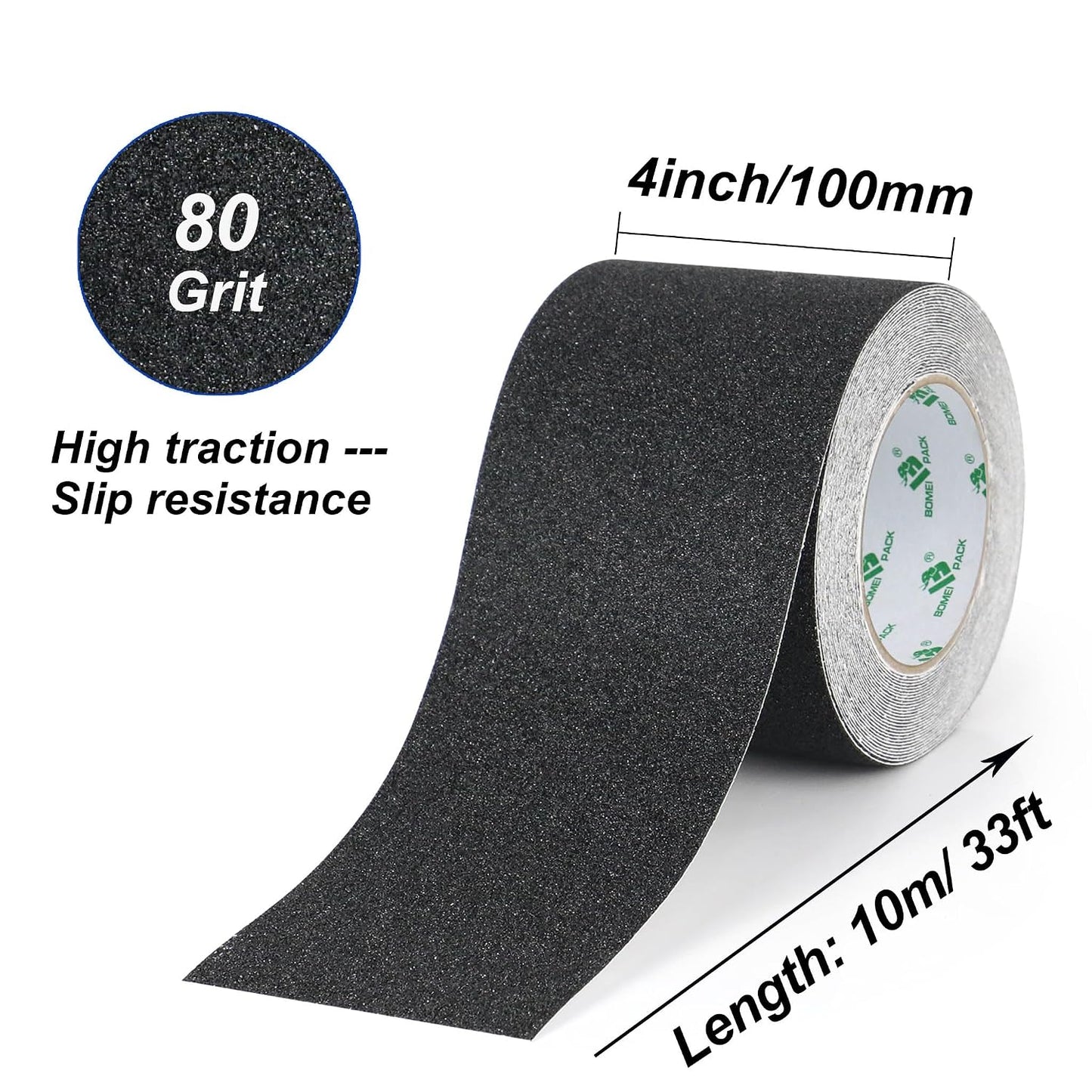 BOMEI PACK Black Anti Slip Tape, 4 Inch x 33 Foot Non-Slip Traction Grip Tape for Stairs, Waterproof Stair Treads Grip Non Slip, Non Skid Tape for Steps, Outdoor Black Grip Tape