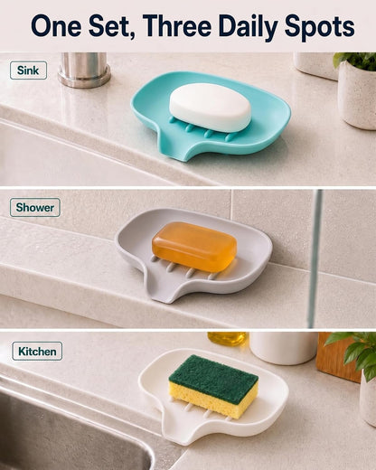 3 Pack Silicone Soap Dish with Drain, Bar Soap Holder for Shower/Bathroom, Self Draining Waterfall Soap Tray/Saver for Kitchen, Keep Soap Dry, Easy to Clean