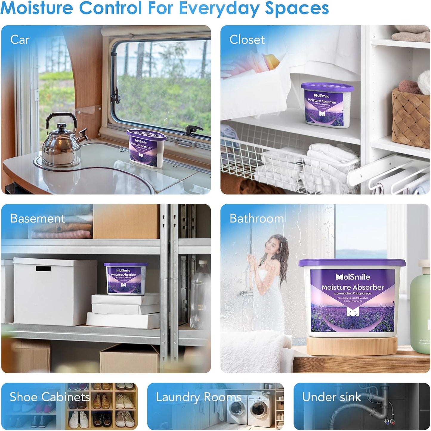 Moisture Absorbers with Activated Charcoal, Humidity Control & Air Deodorizing Preparations for Closet, Bathroom, Basement, Car & RV, 3 Pack