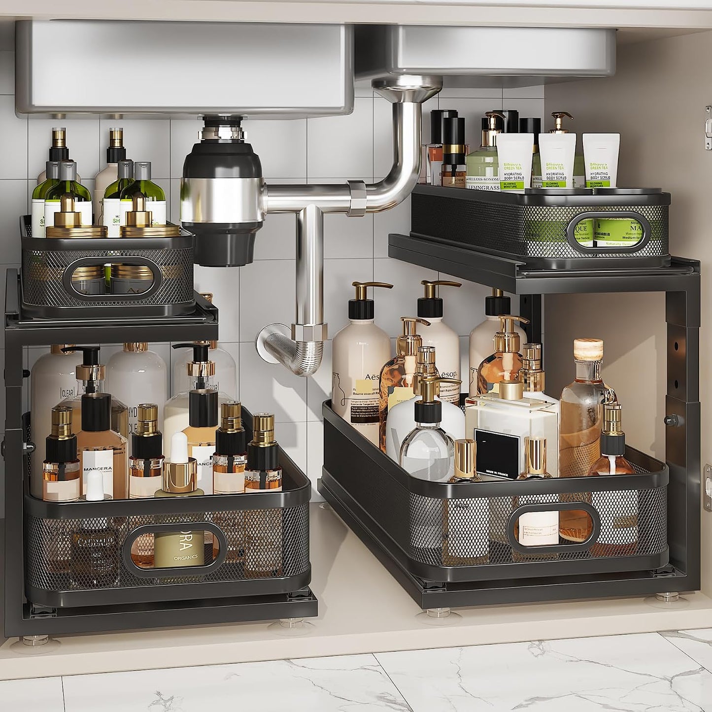 2 Pack 18.5IN-Depth Under Sink Organizer With Next-Gen Ball-Bearing Slides,2-Tier Precision Mesh Pull Out Cabinet Storage for Bathroom&Kitchen,Height Adjustable Drawers Shelf,Anti-rust-White