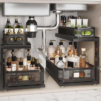 2 Pack 18.5IN-Depth Under Sink Organizer With Next-Gen Ball-Bearing Slides,2-Tier Precision Mesh Pull Out Cabinet Storage for Bathroom&Kitchen,Height Adjustable Drawers Shelf,Anti-rust-White