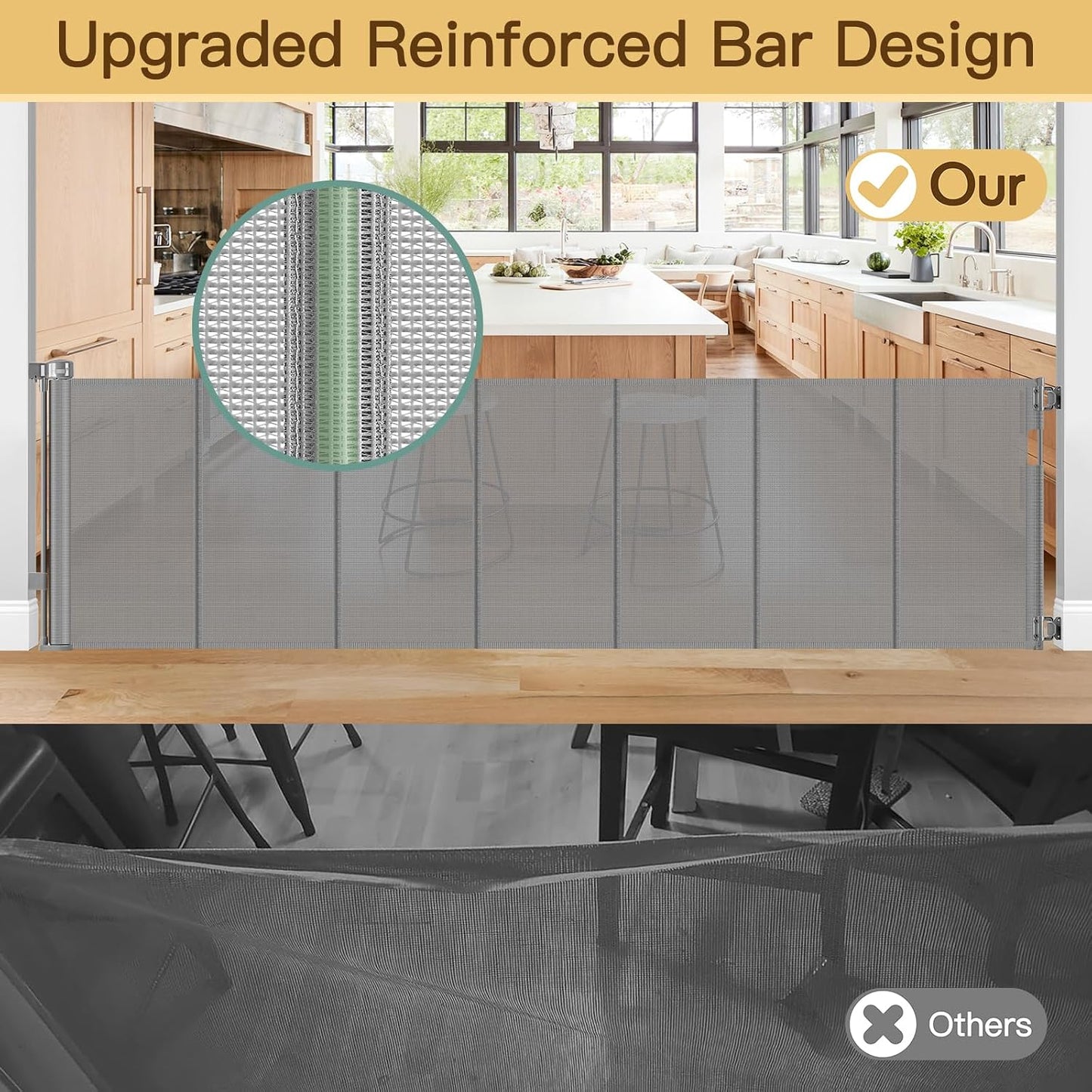 Reinforced 55" Wide Retractable Baby Gates with Reinforced Strips, Indoor/Outdoor Retractable Dog Gate for Doorway Prevent Bottom Drilling Through, No Bottom Bar Safety Mesh Baby Gate for Stair, Black